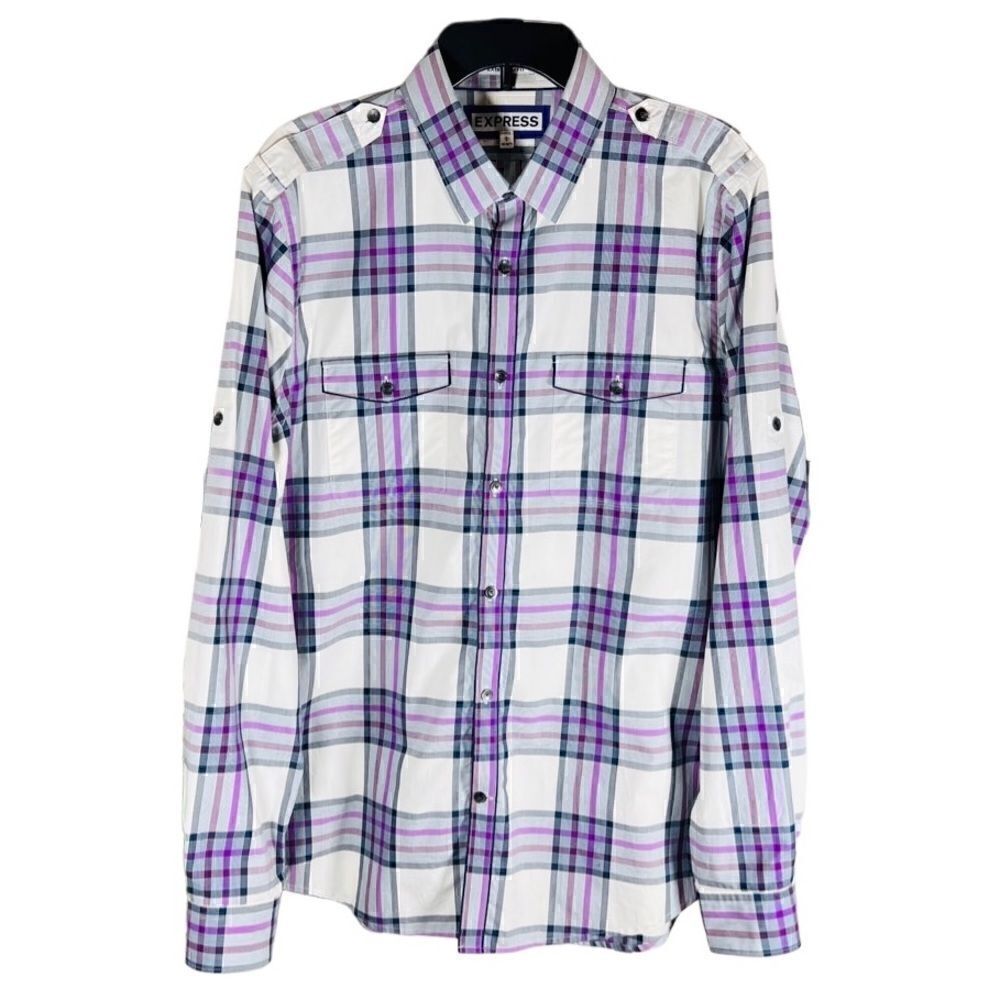 Express Fitted Button Down Long Sleeve Shirt Purp… - image 1